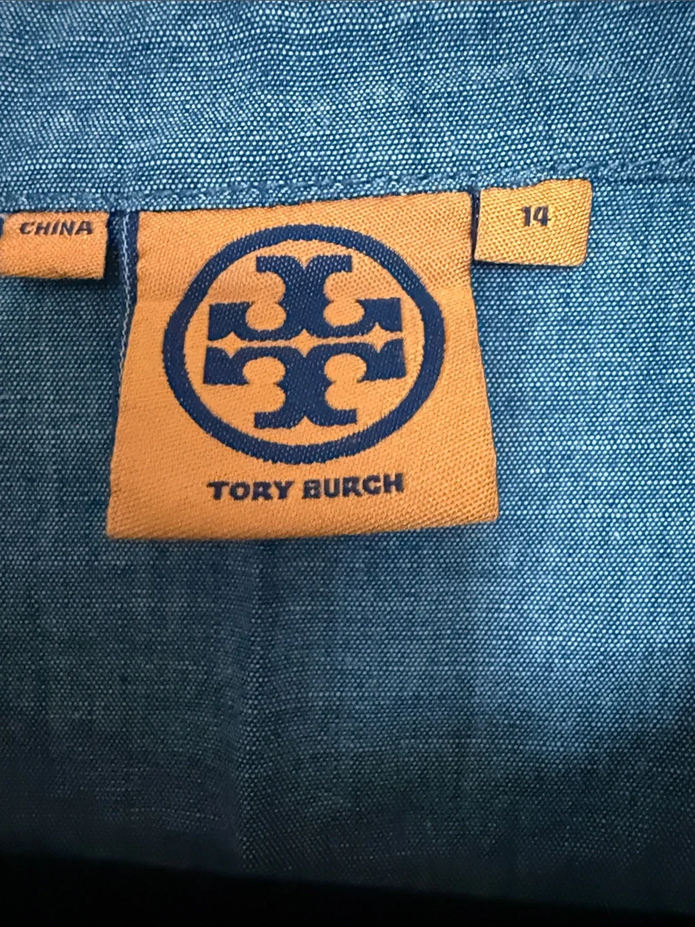 Tory Burch Embroidered Chambray Tunic, white geometric embroidery, V-neck , 14